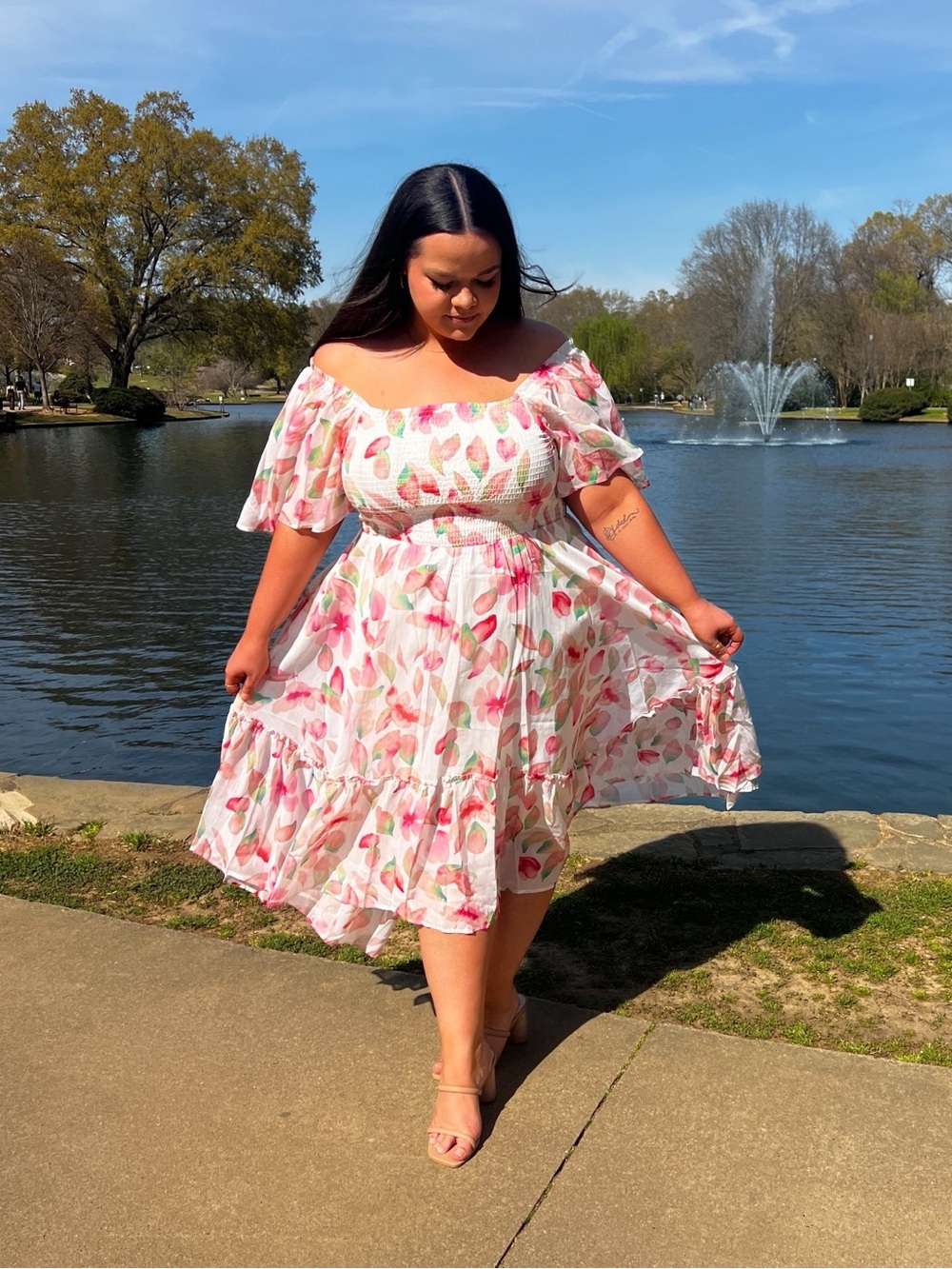 Versona White Smocked Dress with Pink & Green Floral Print